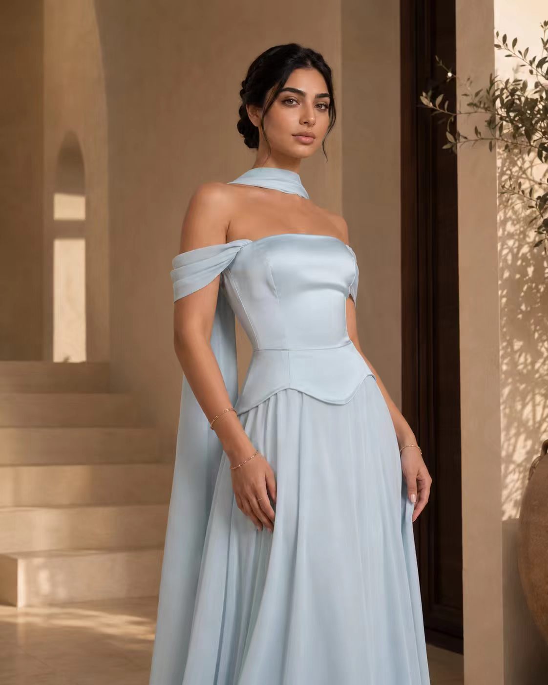 Serene Blue Off-the-Shoulder Corset Gown with Ethereal Scarf