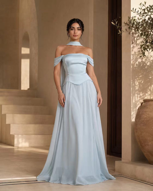 Serene Blue Off-the-Shoulder Corset Gown with Ethereal Scarf