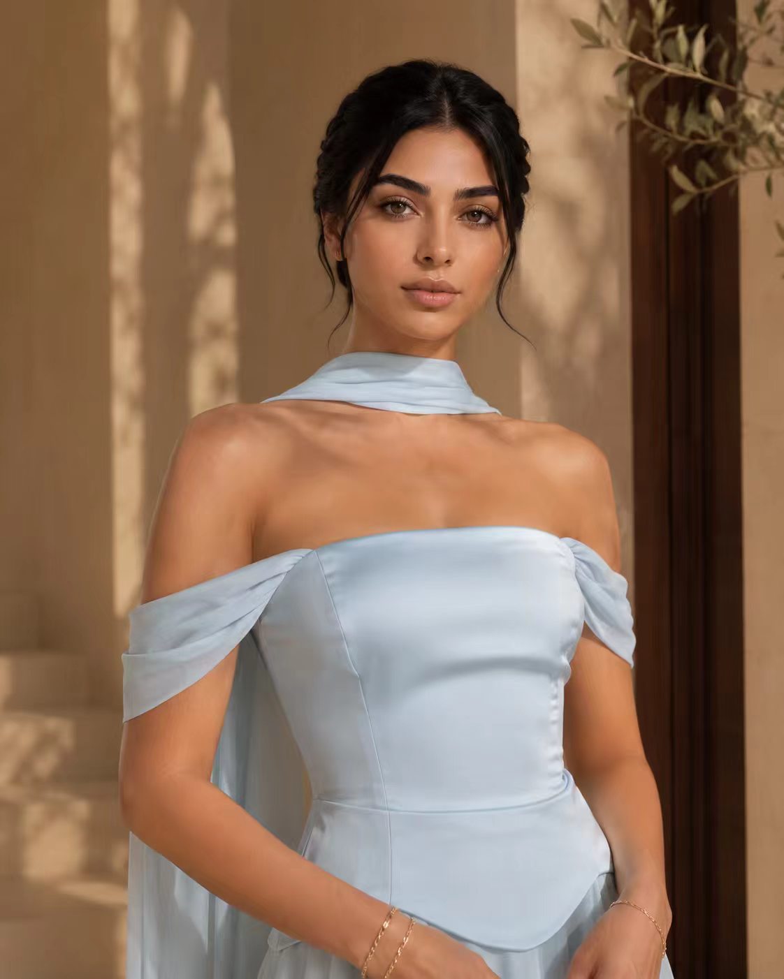 Serene Blue Off-the-Shoulder Corset Gown with Ethereal Scarf