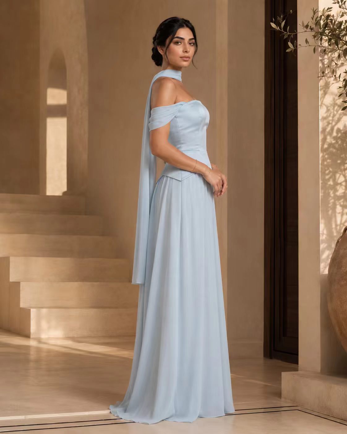 Serene Blue Off-the-Shoulder Corset Gown with Ethereal Scarf