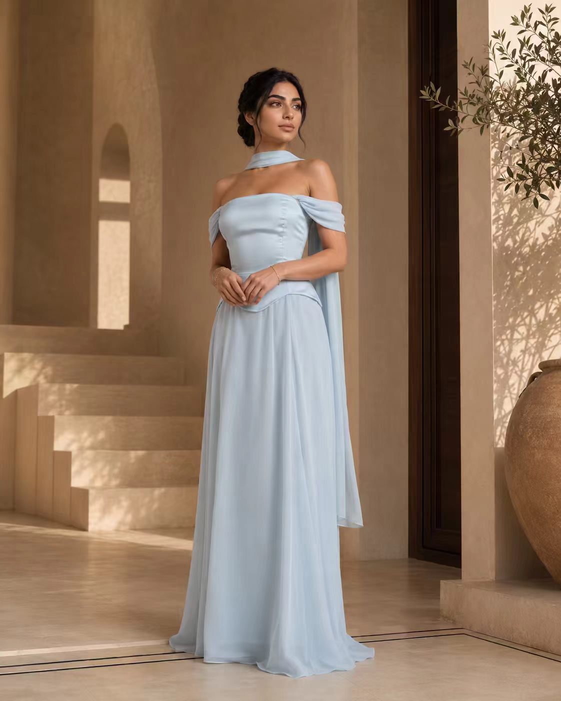 Serene Blue Off-the-Shoulder Corset Gown with Ethereal Scarf