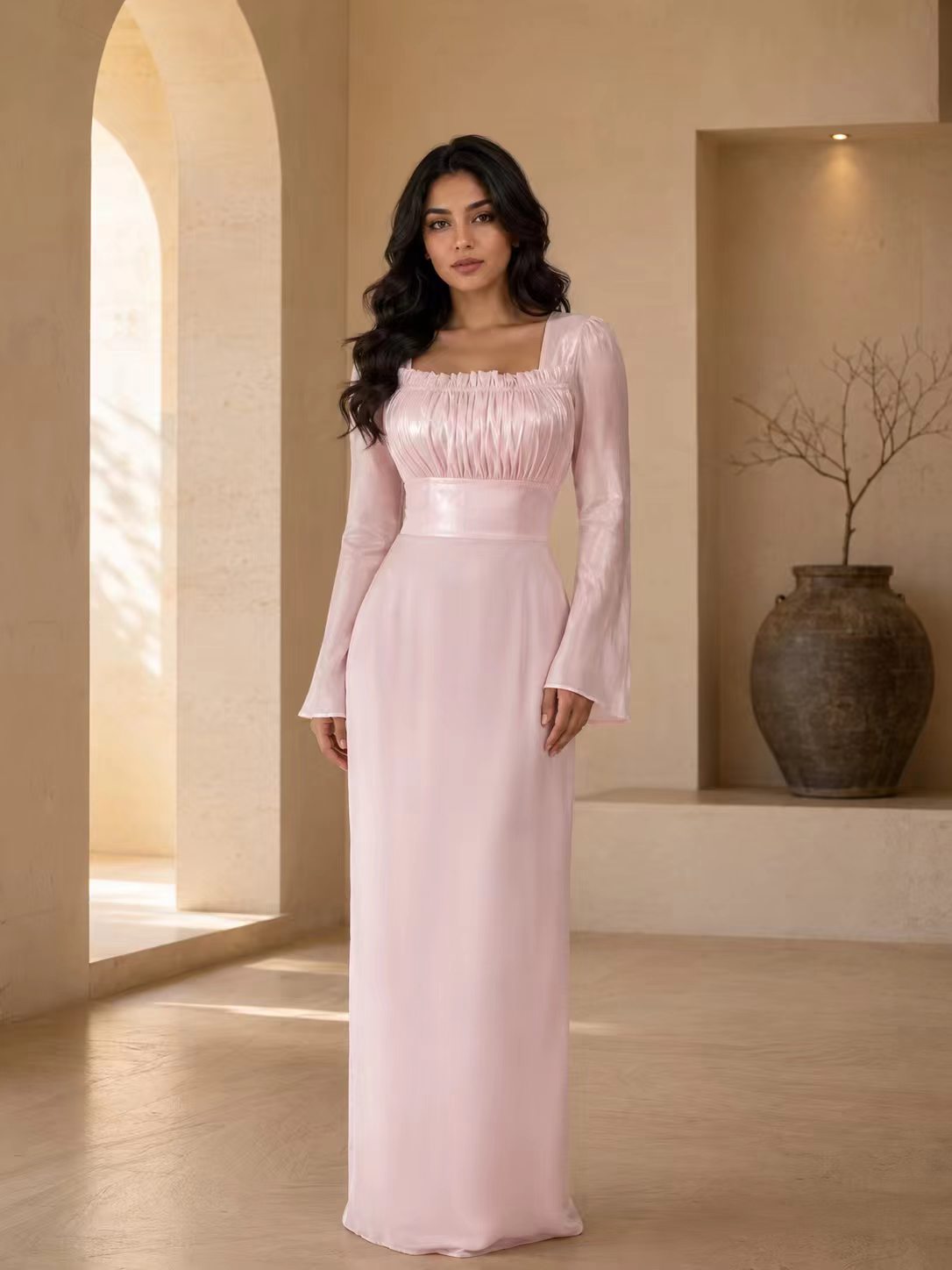 Ethereal Ruched Square Neck Gown with Flared Bell Sleeves