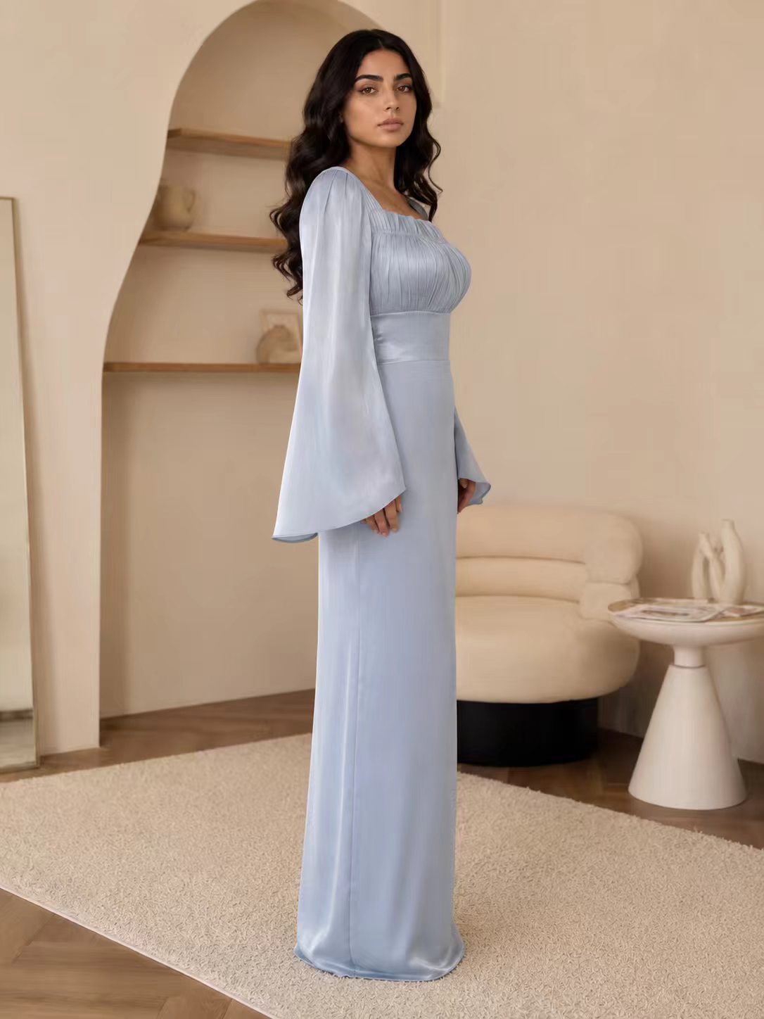 Ethereal Ruched Square Neck Gown with Flared Bell Sleeves