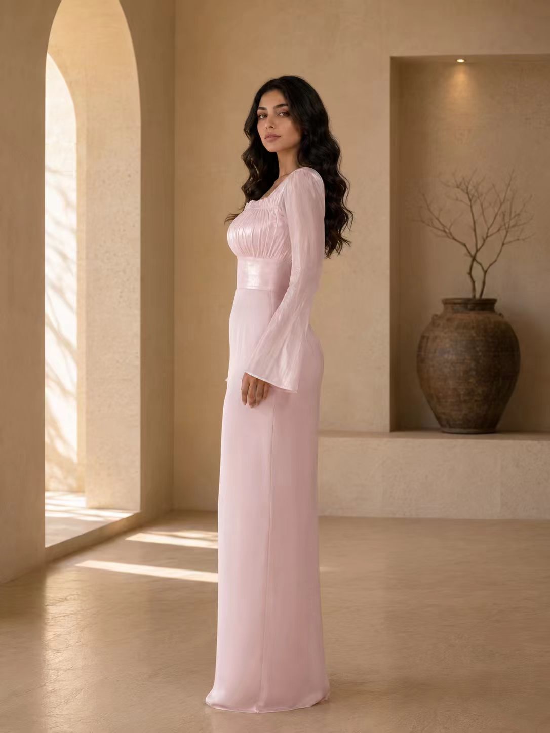 Ethereal Ruched Square Neck Gown with Flared Bell Sleeves