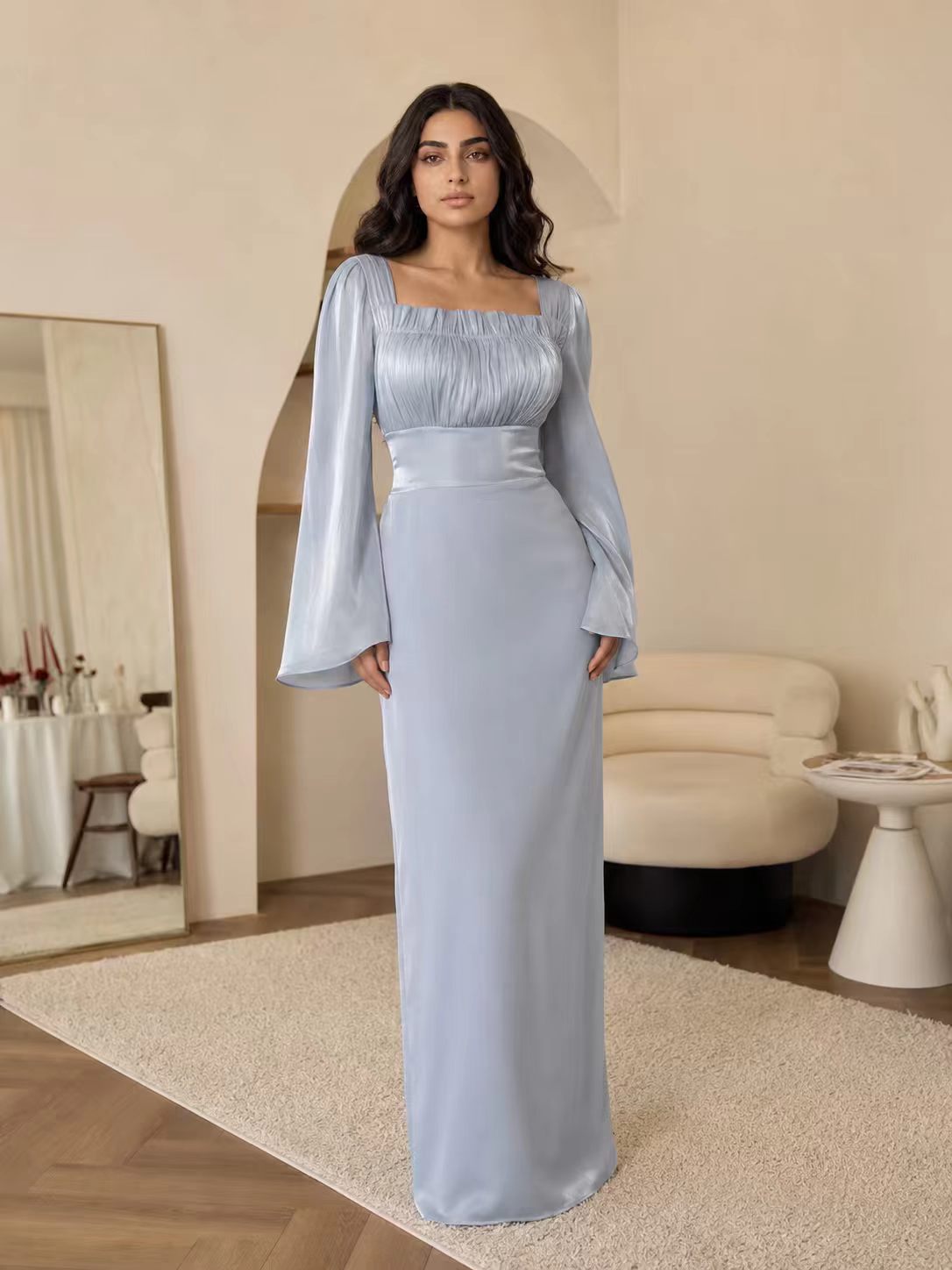 Ethereal Ruched Square Neck Gown with Flared Bell Sleeves