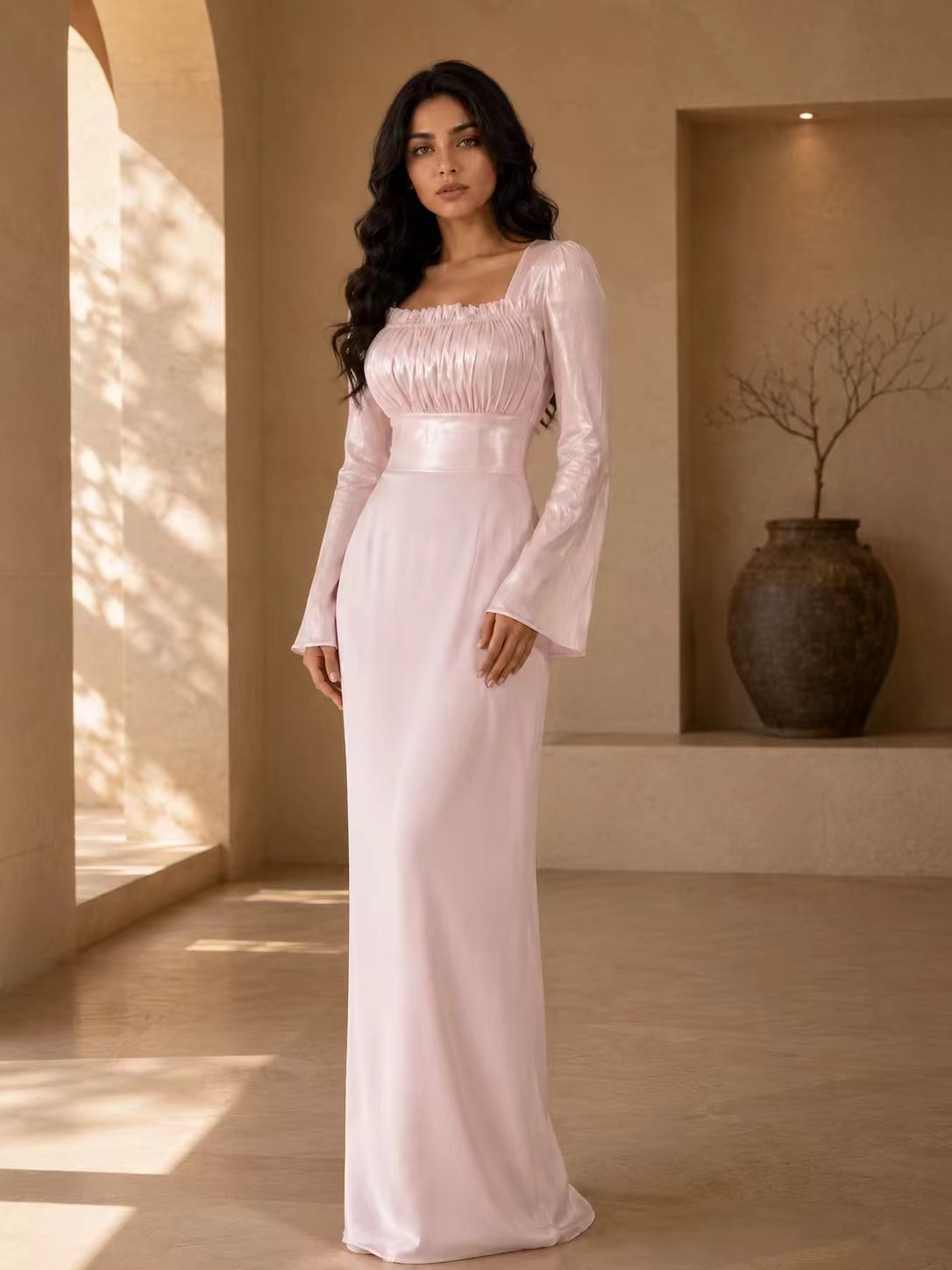 Ethereal Ruched Square Neck Gown with Flared Bell Sleeves