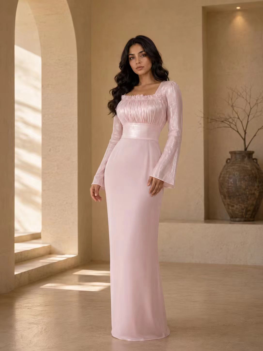 Ethereal Ruched Square Neck Gown with Flared Bell Sleeves