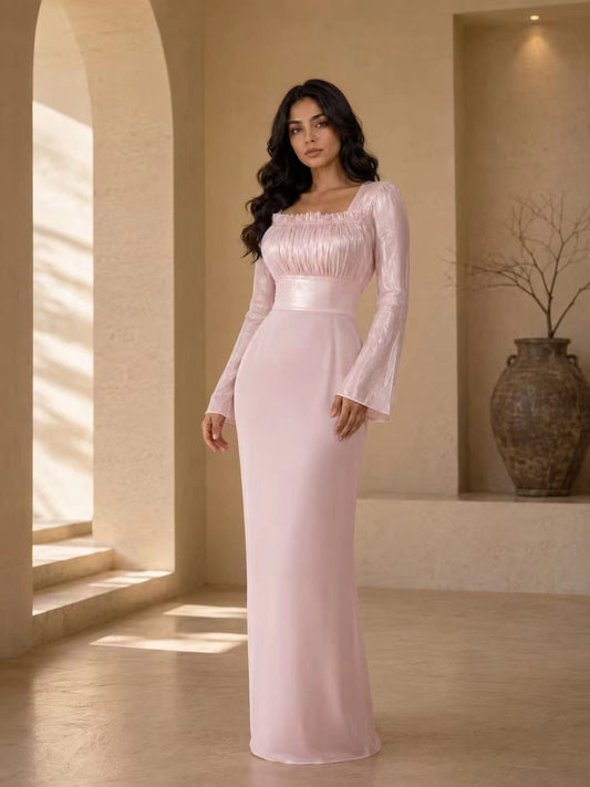 Ethereal Ruched Square Neck Gown with Flared Bell Sleeves