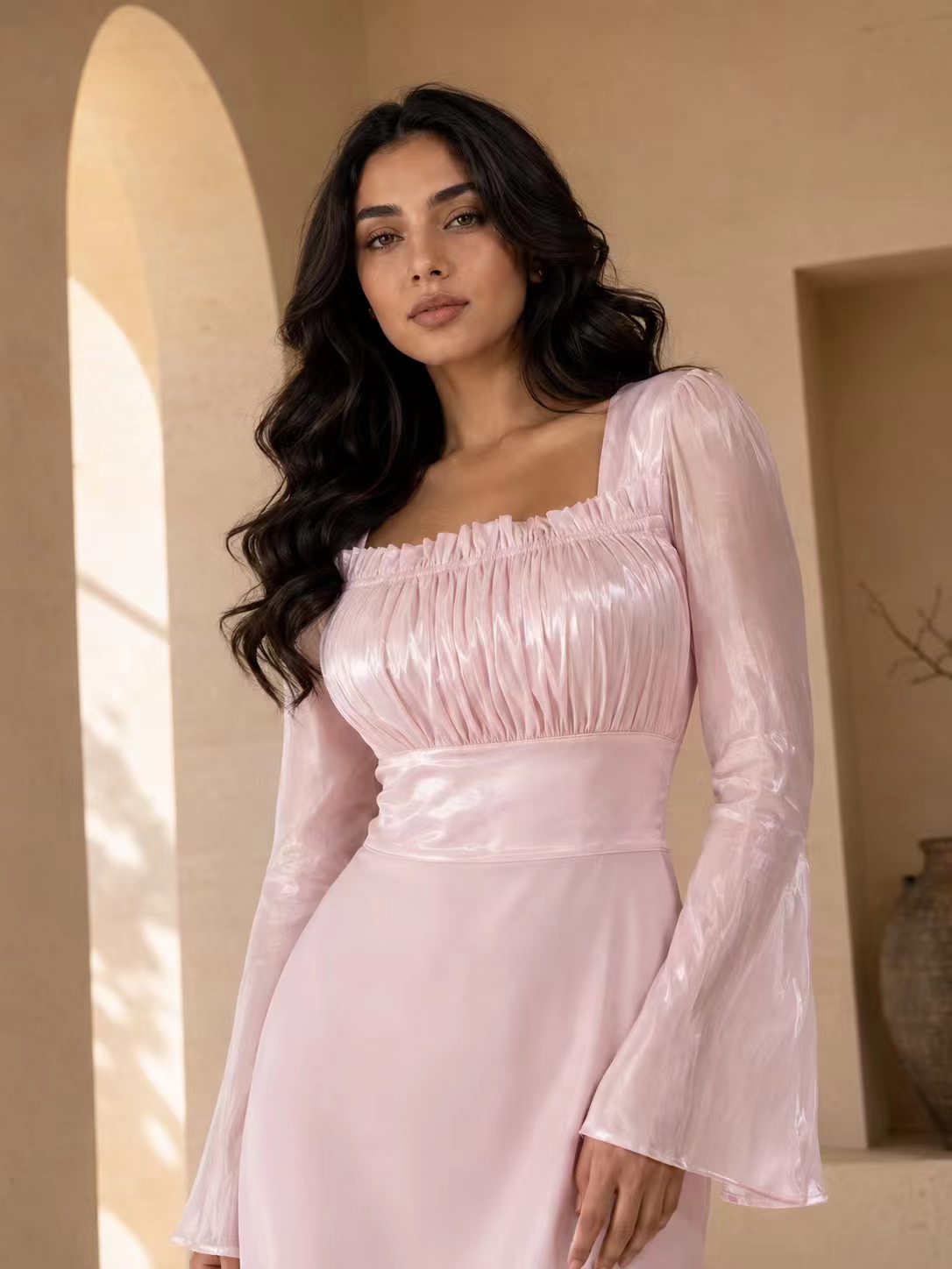 Ethereal Ruched Square Neck Gown with Flared Bell Sleeves