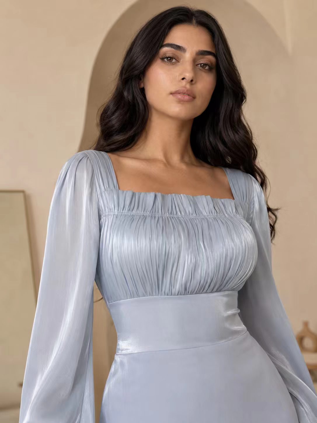 Ethereal Ruched Square Neck Gown with Flared Bell Sleeves