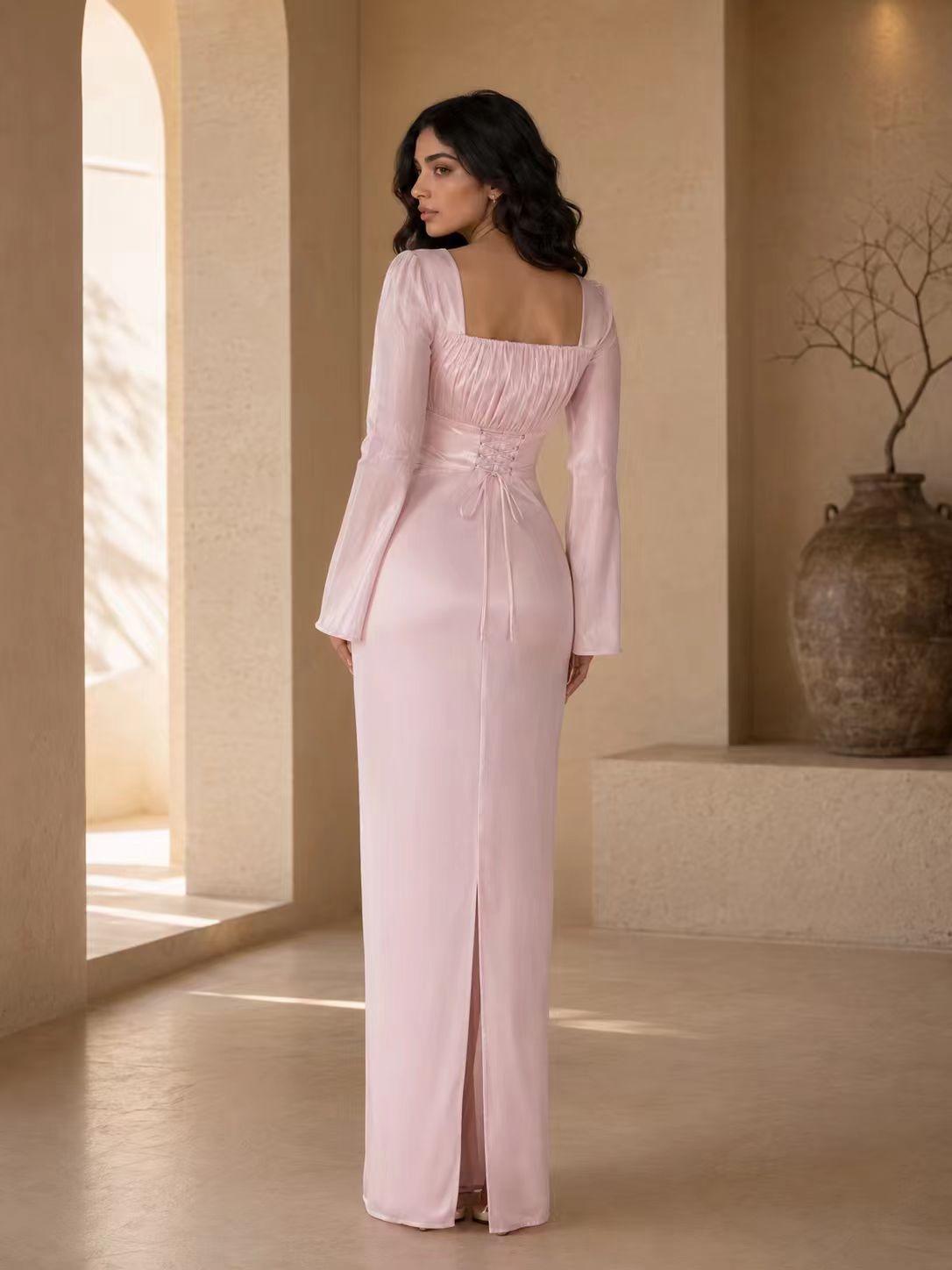 Ethereal Ruched Square Neck Gown with Flared Bell Sleeves