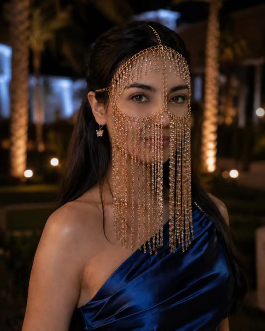 The Amira Midnight Crystal Waterfall Face Veil with Shimmering Starlight Fringe