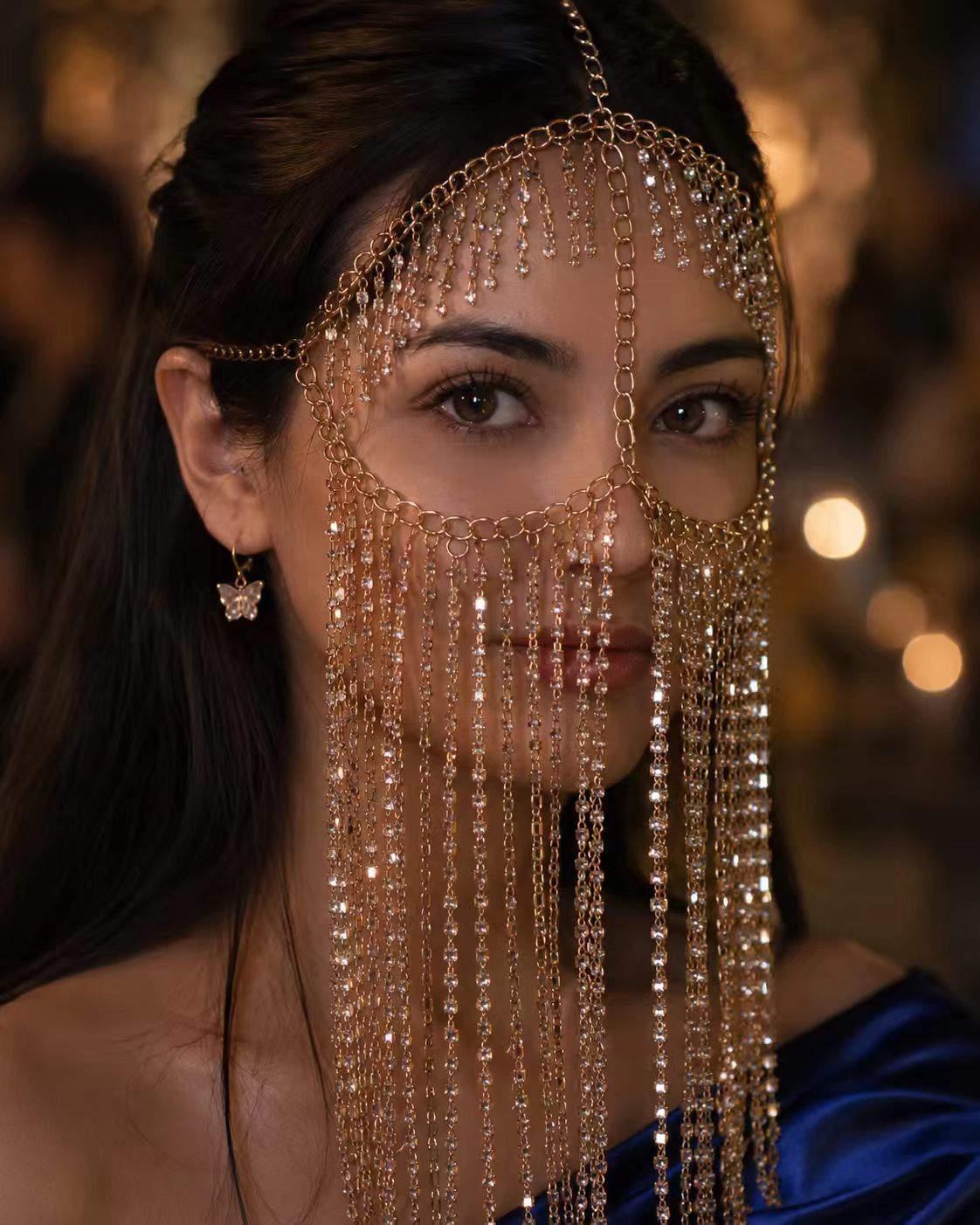The Amira Midnight Crystal Waterfall Face Veil with Shimmering Starlight Fringe