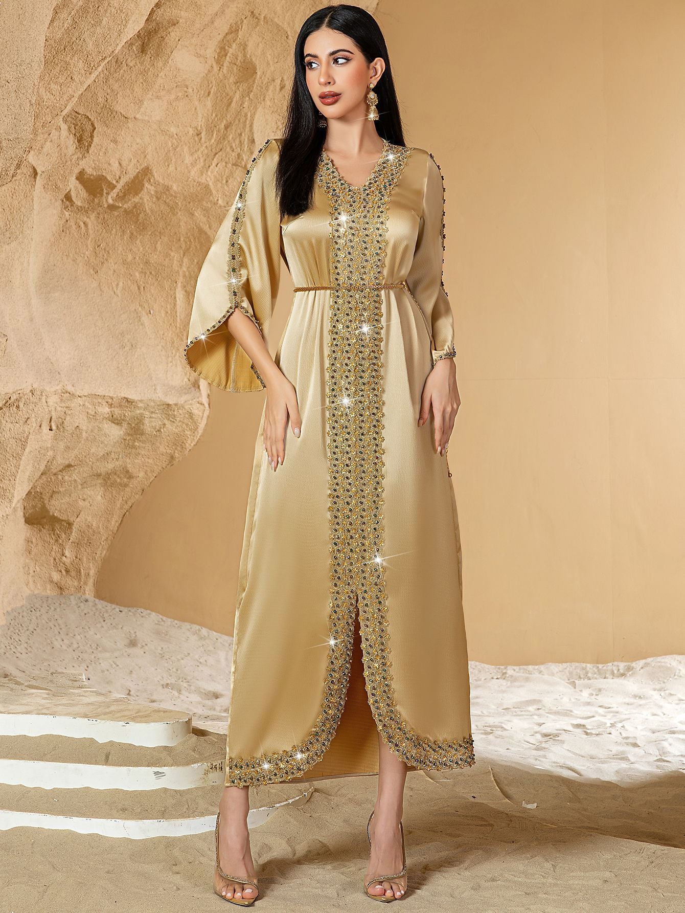 The Royal Oasis Hand-Beaded Satin Kaftan Gown with Delicate Waist Chain