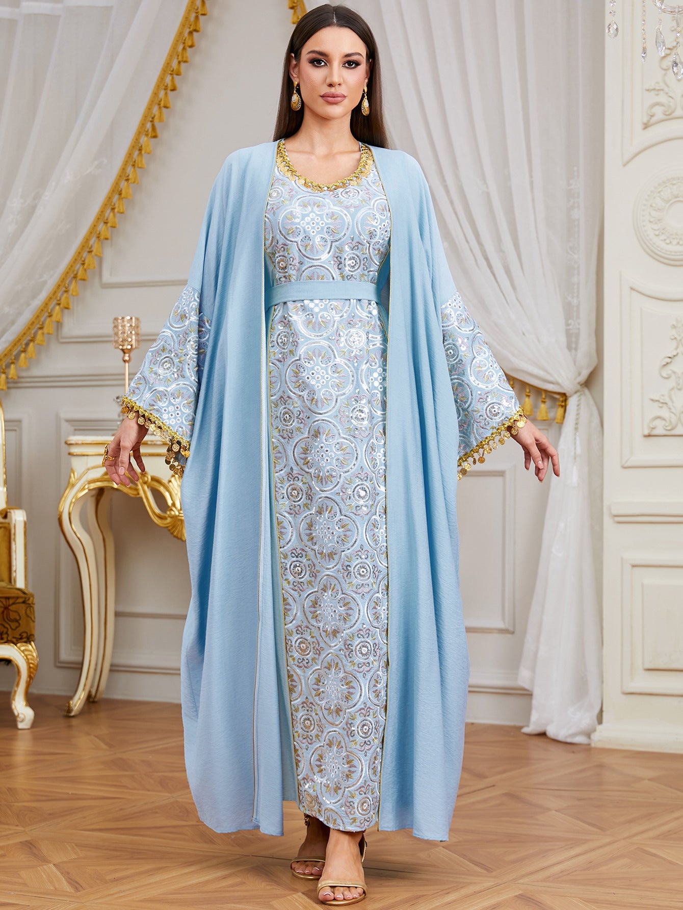 High-Neck Artisan Pleated Gown with Dramatic Slit Cape Sleeves