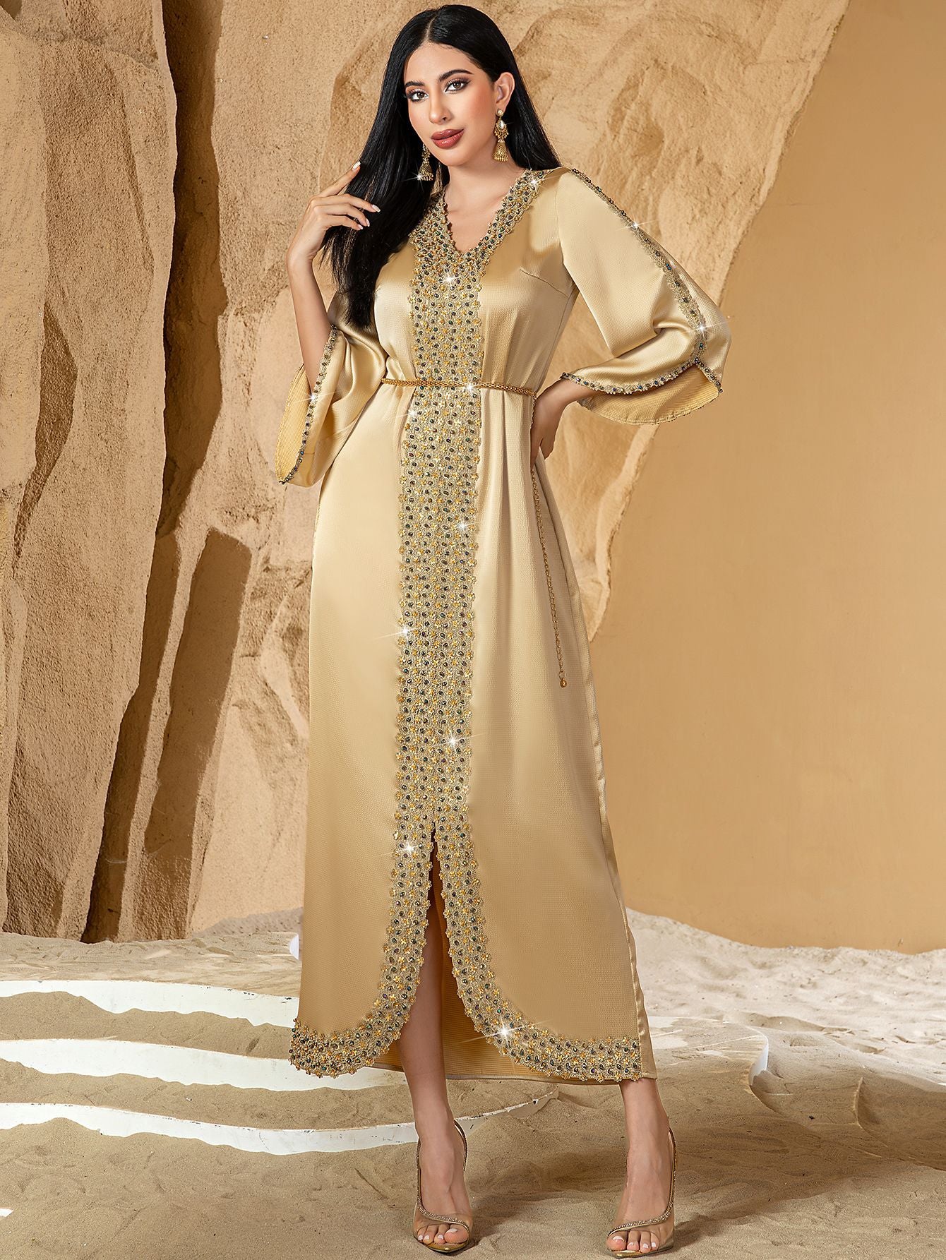 The Royal Oasis Hand-Beaded Satin Kaftan Gown with Delicate Waist Chain