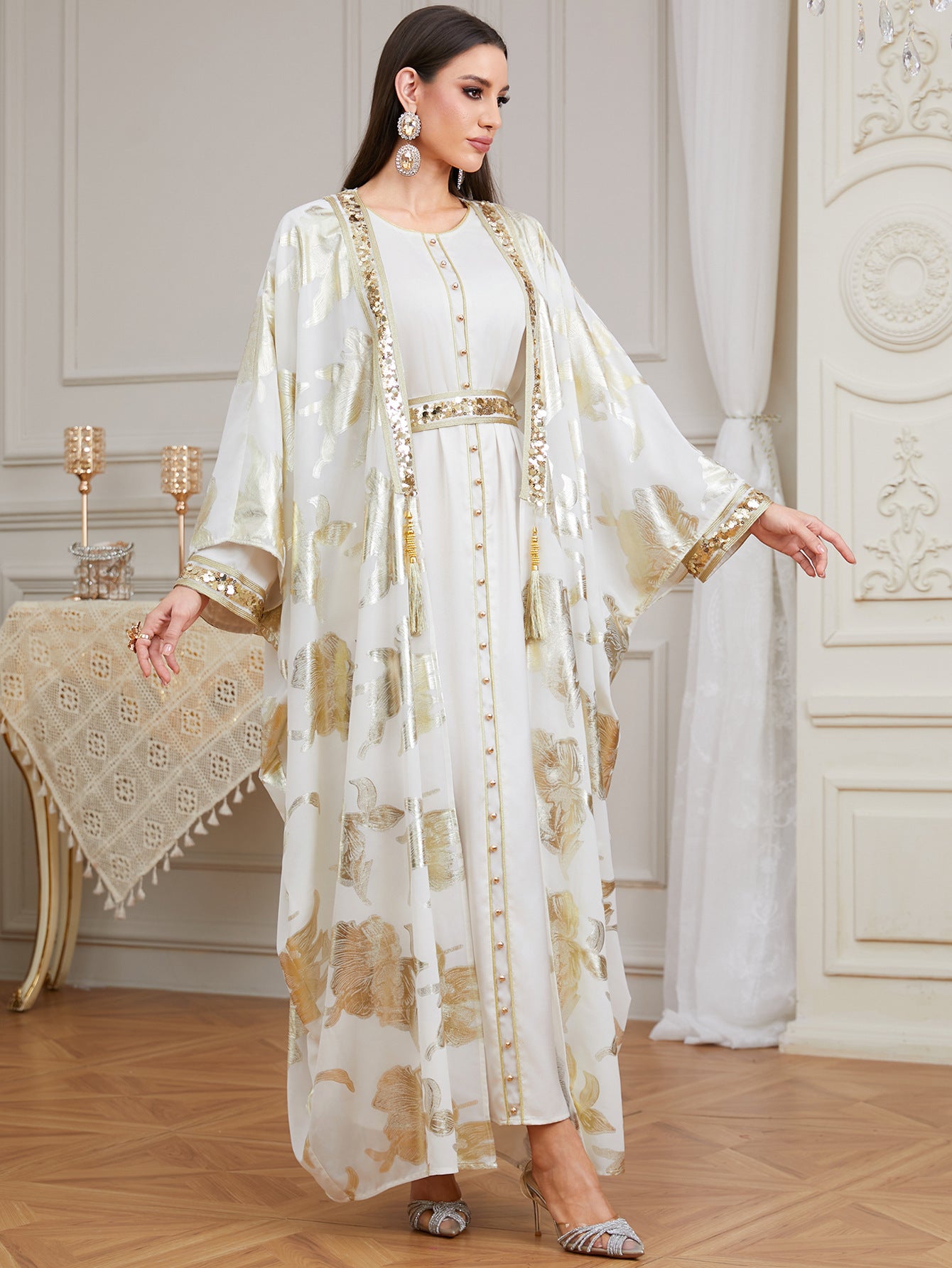 Radiant High-Neck Satin Gown with Sculpted Ruffle Shoulders