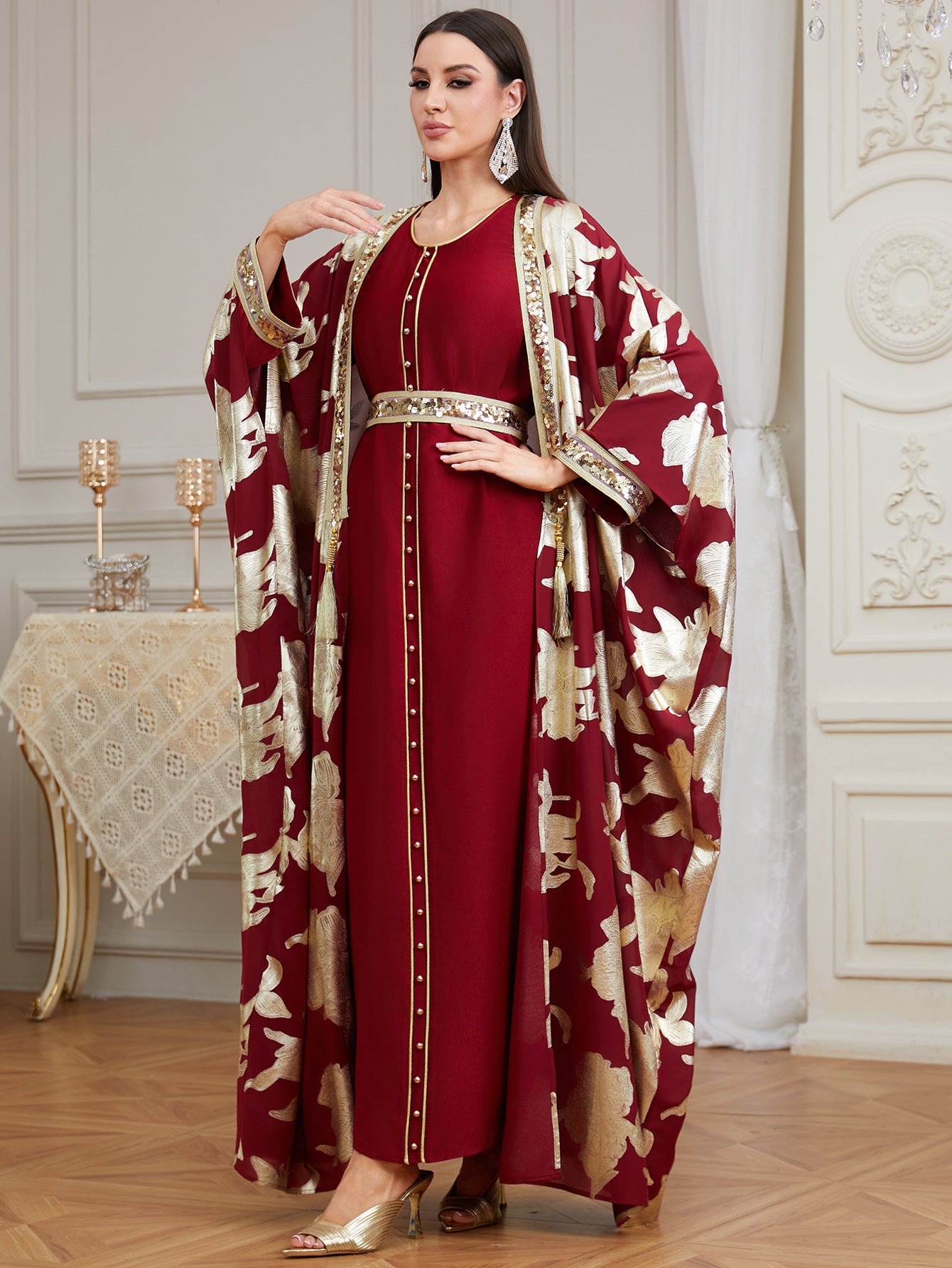 Radiant High-Neck Satin Gown with Sculpted Ruffle Shoulders
