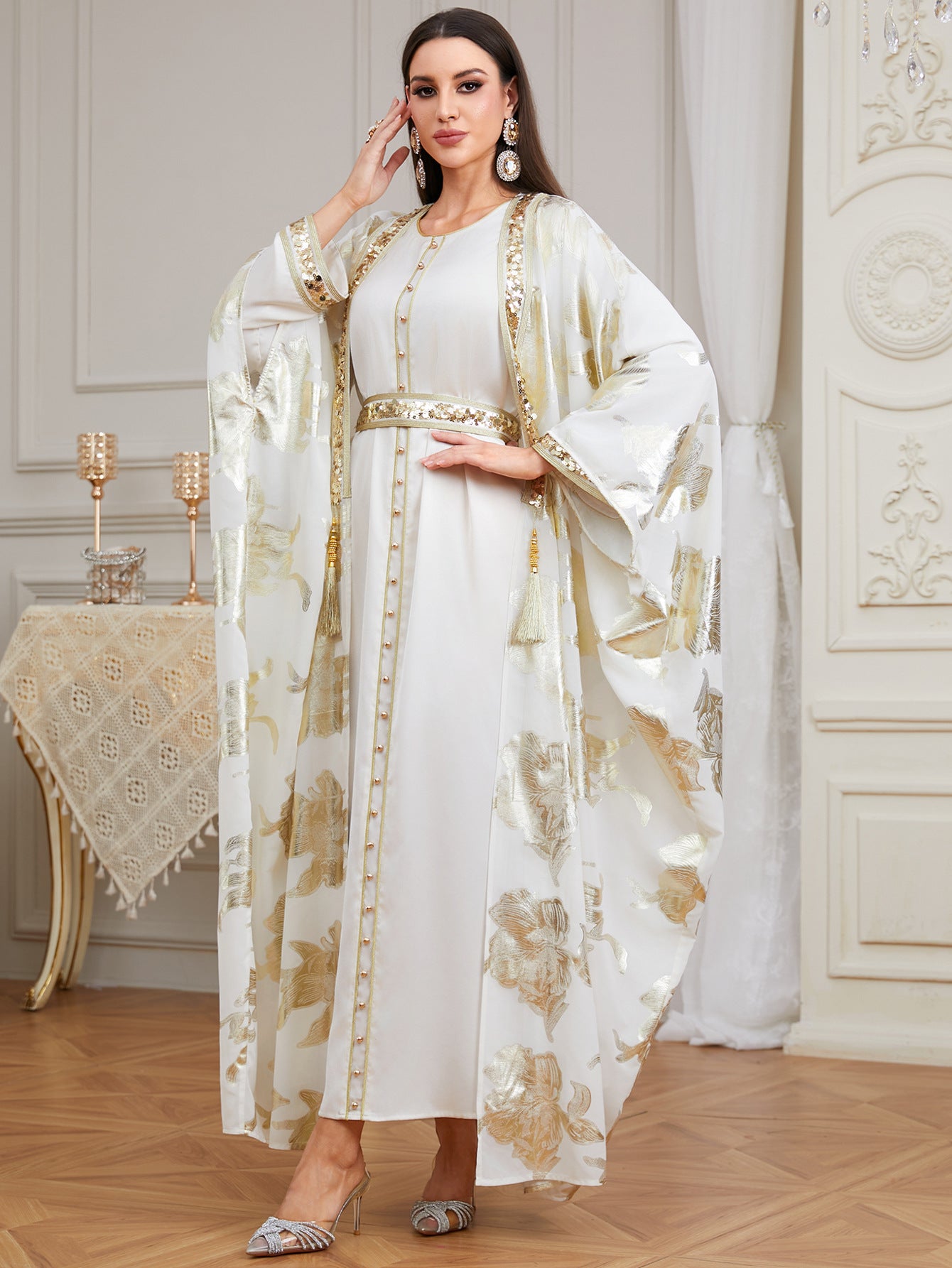 Radiant High-Neck Satin Gown with Sculpted Ruffle Shoulders