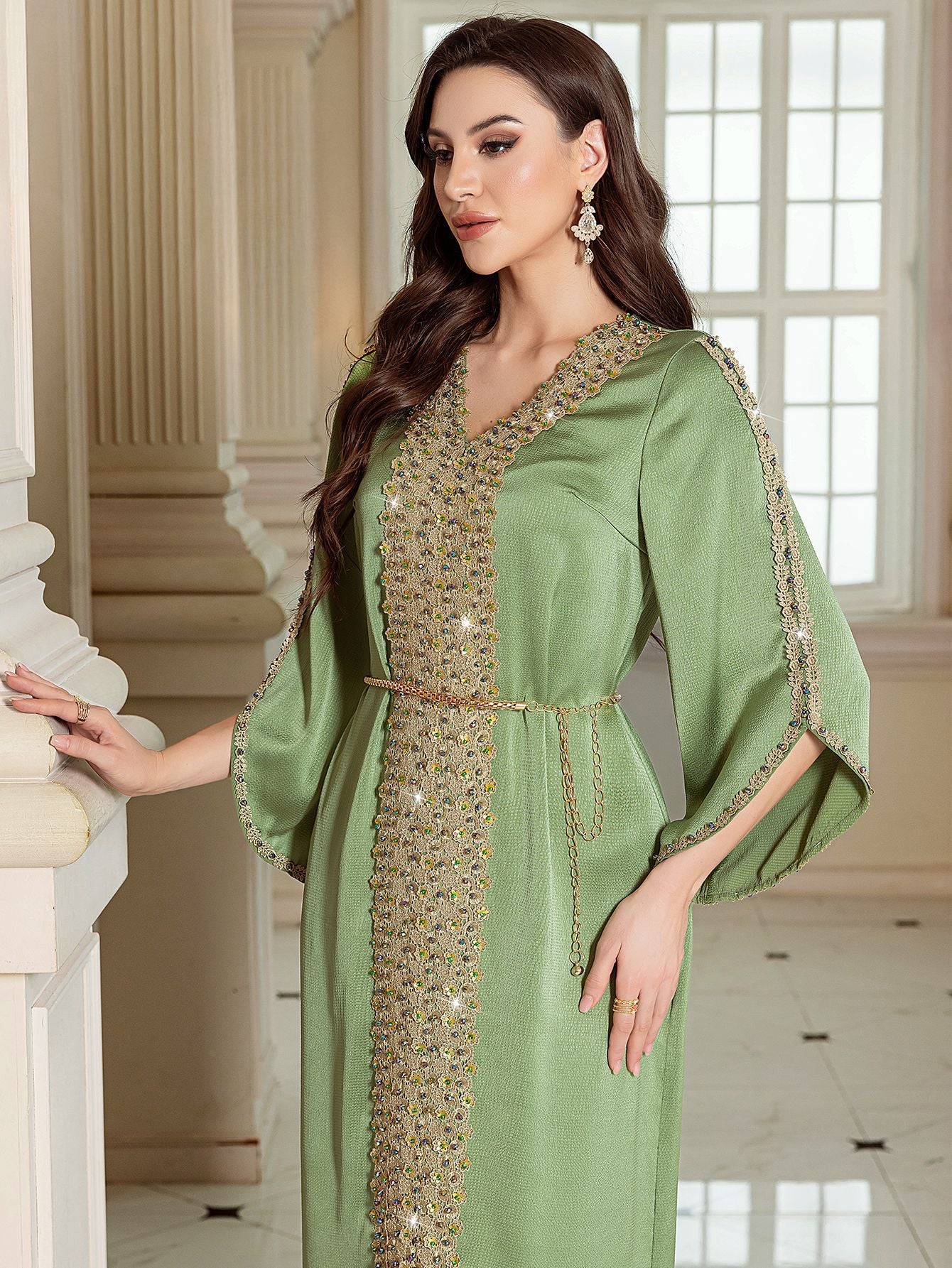 The Royal Oasis Hand-Beaded Satin Kaftan Gown with Delicate Waist Chain