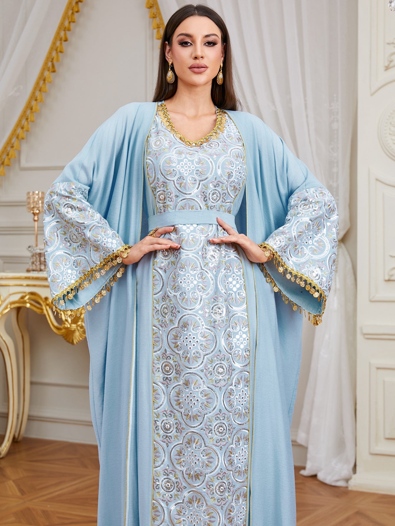 High-Neck Artisan Pleated Gown with Dramatic Slit Cape Sleeves