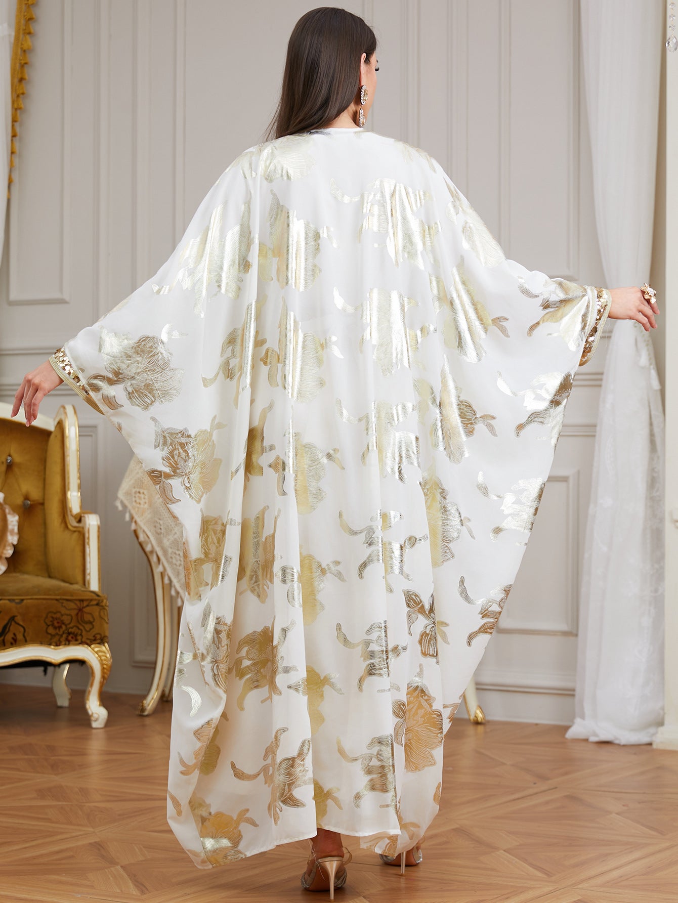 Radiant High-Neck Satin Gown with Sculpted Ruffle Shoulders
