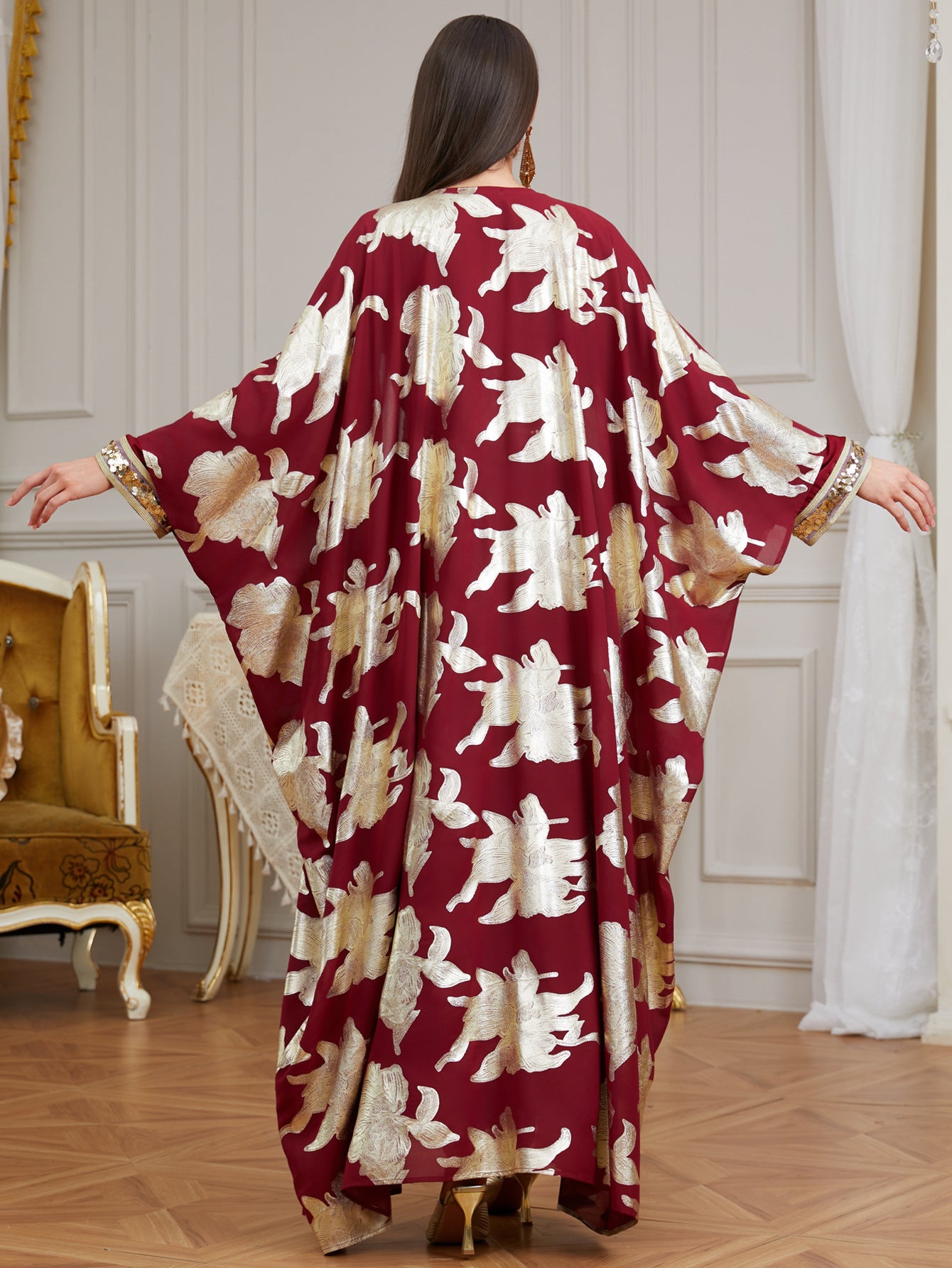 Radiant High-Neck Satin Gown with Sculpted Ruffle Shoulders