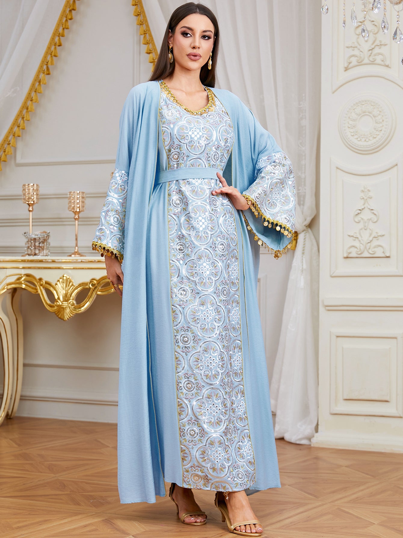 High-Neck Artisan Pleated Gown with Dramatic Slit Cape Sleeves