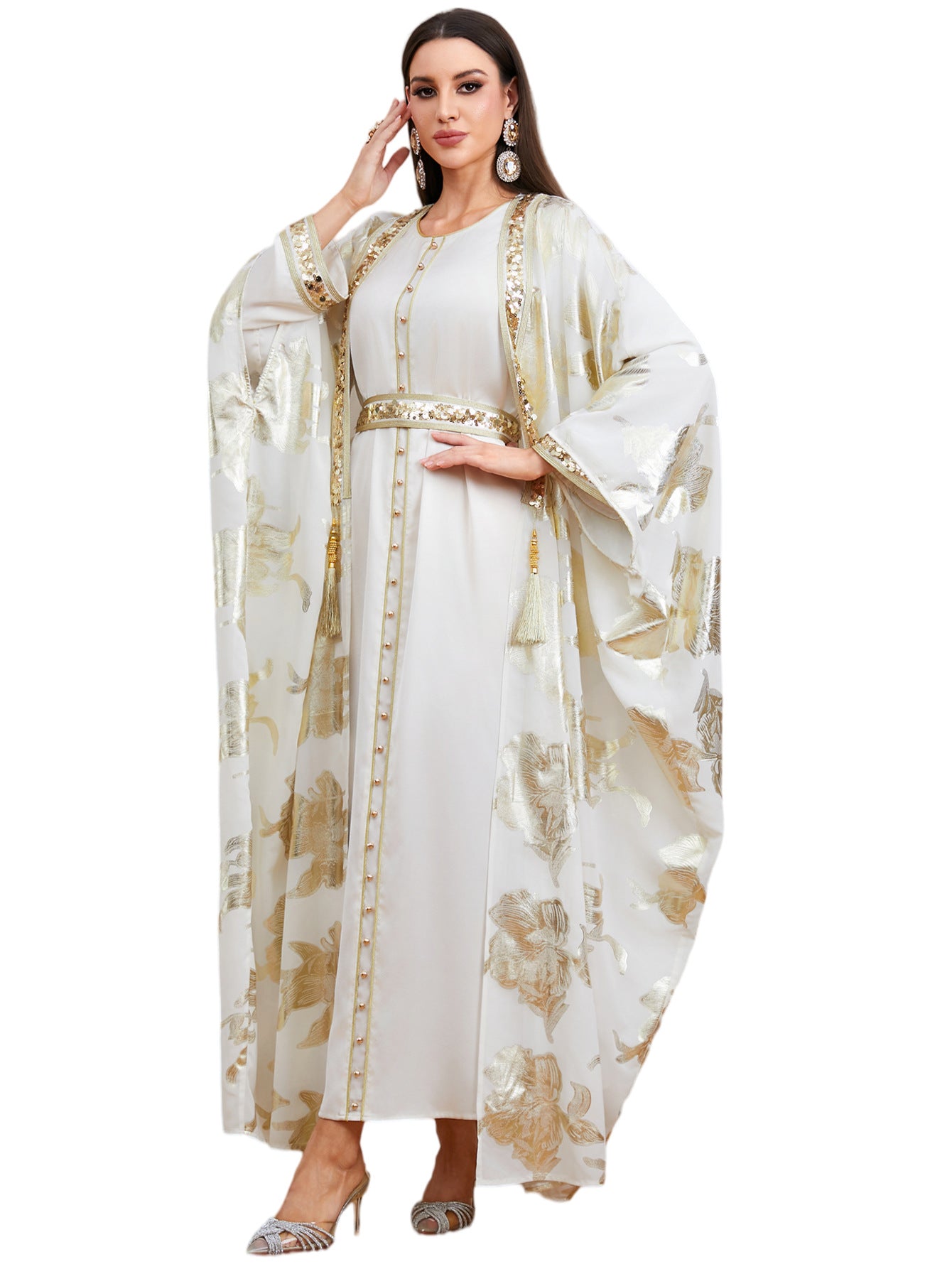 Radiant High-Neck Satin Gown with Sculpted Ruffle Shoulders