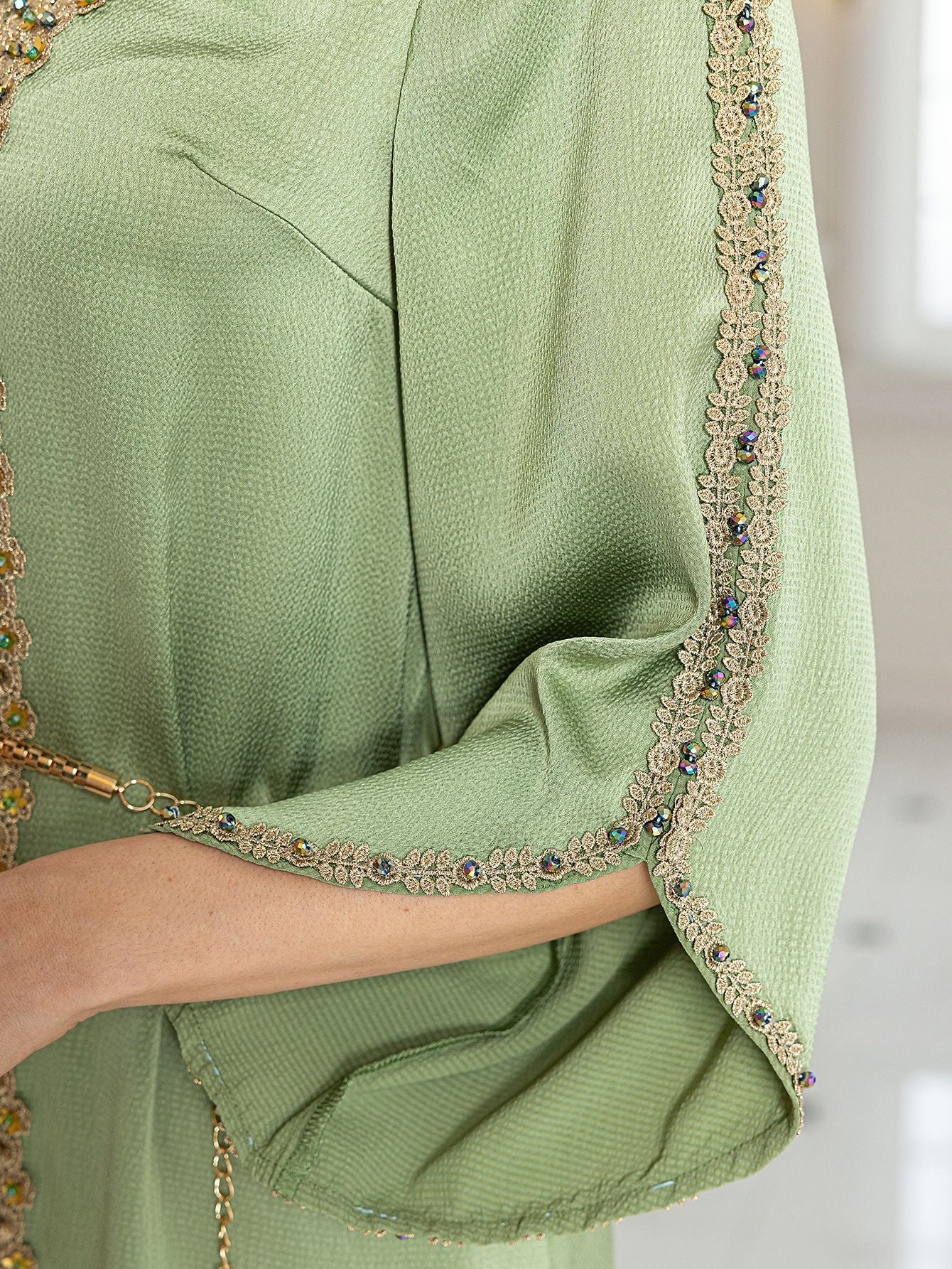 The Royal Oasis Hand-Beaded Satin Kaftan Gown with Delicate Waist Chain