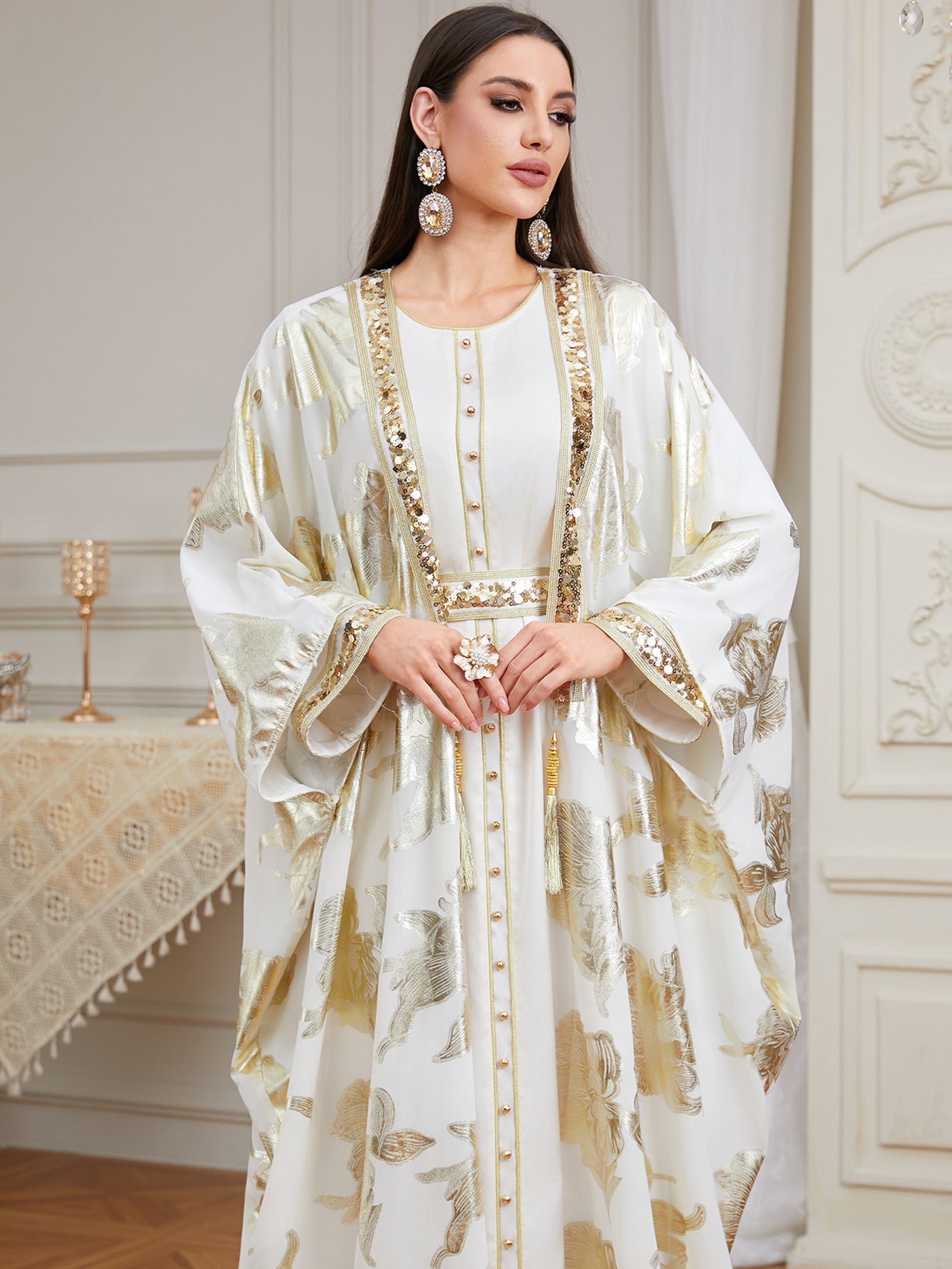 Radiant High-Neck Satin Gown with Sculpted Ruffle Shoulders