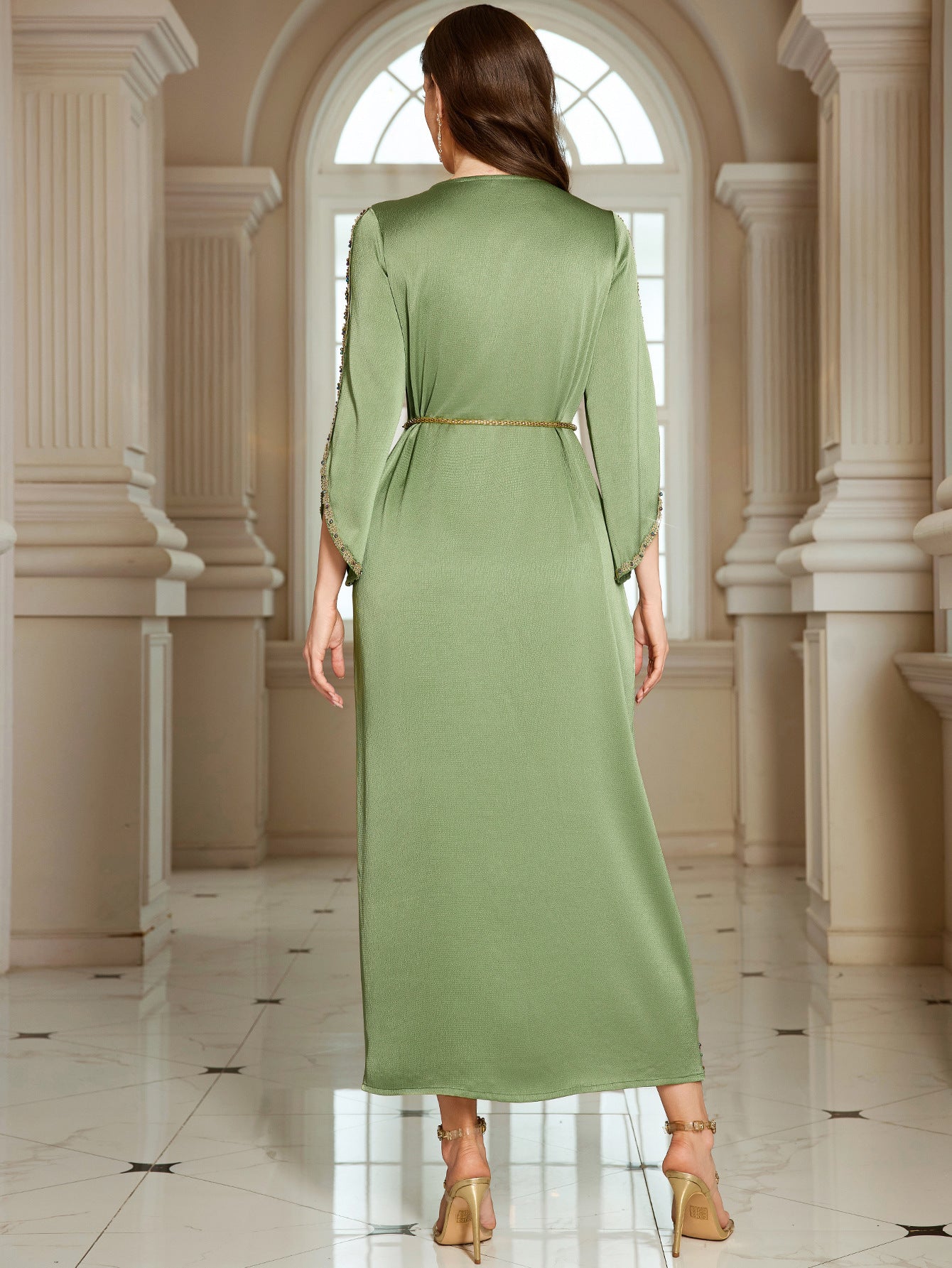 The Royal Oasis Hand-Beaded Satin Kaftan Gown with Delicate Waist Chain