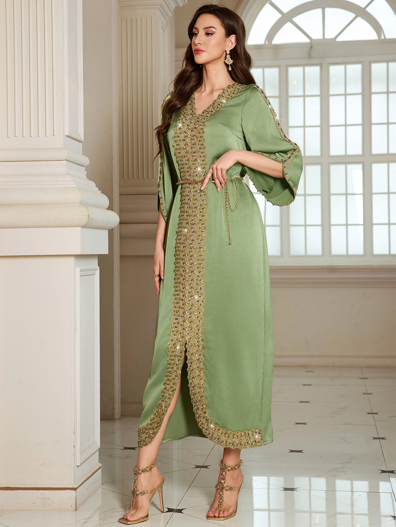 The Royal Oasis Hand-Beaded Satin Kaftan Gown with Delicate Waist Chain
