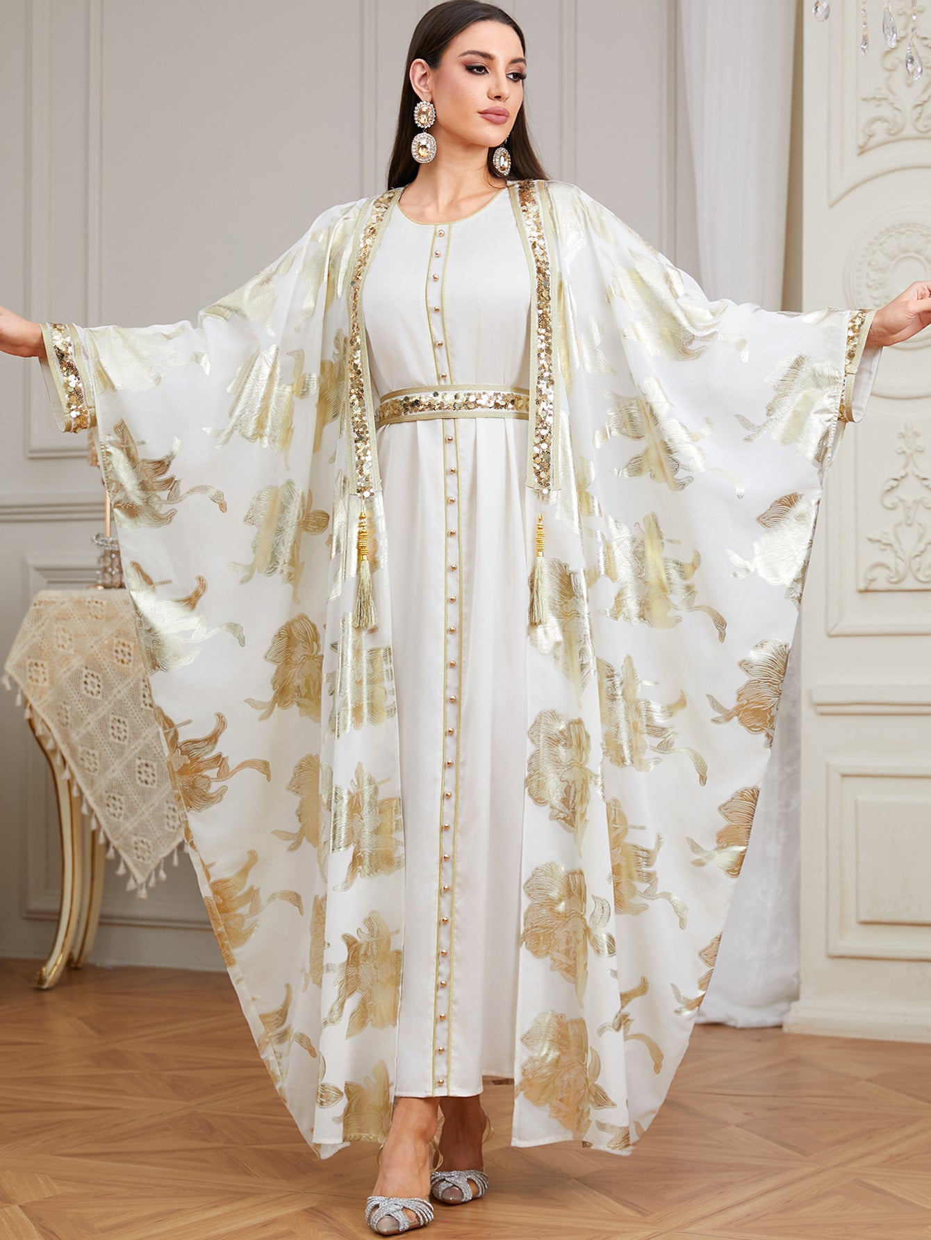 Radiant High-Neck Satin Gown with Sculpted Ruffle Shoulders