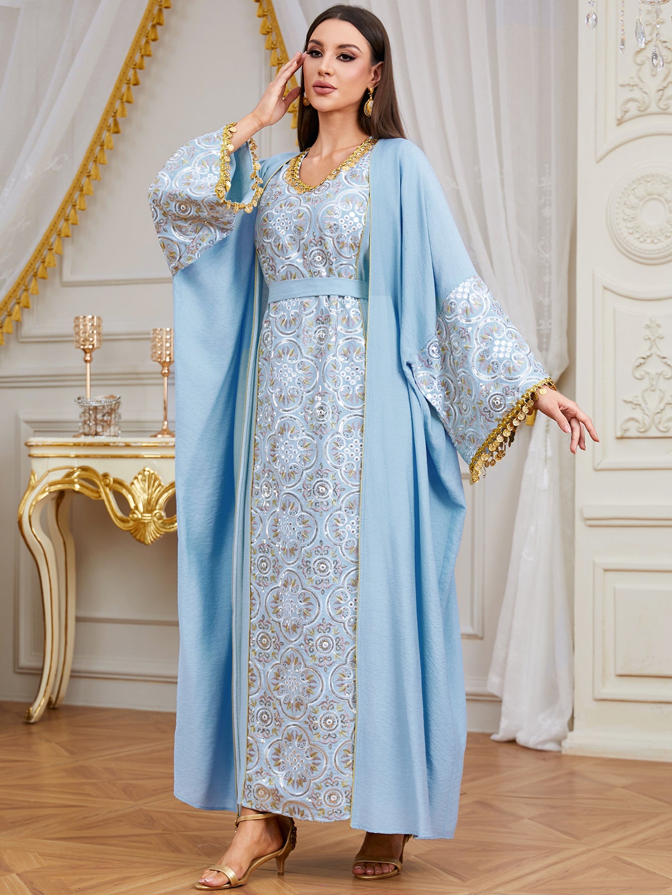 High-Neck Artisan Pleated Gown with Dramatic Slit Cape Sleeves